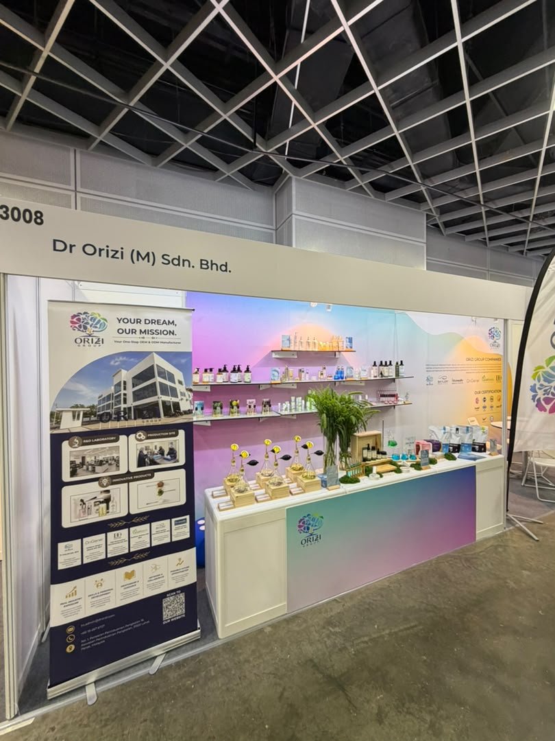 Full view of ORIZI Group booth 3008 set up the day before Cosmobeaute Malaysia and beautyexpo 2026 opens at KLCC