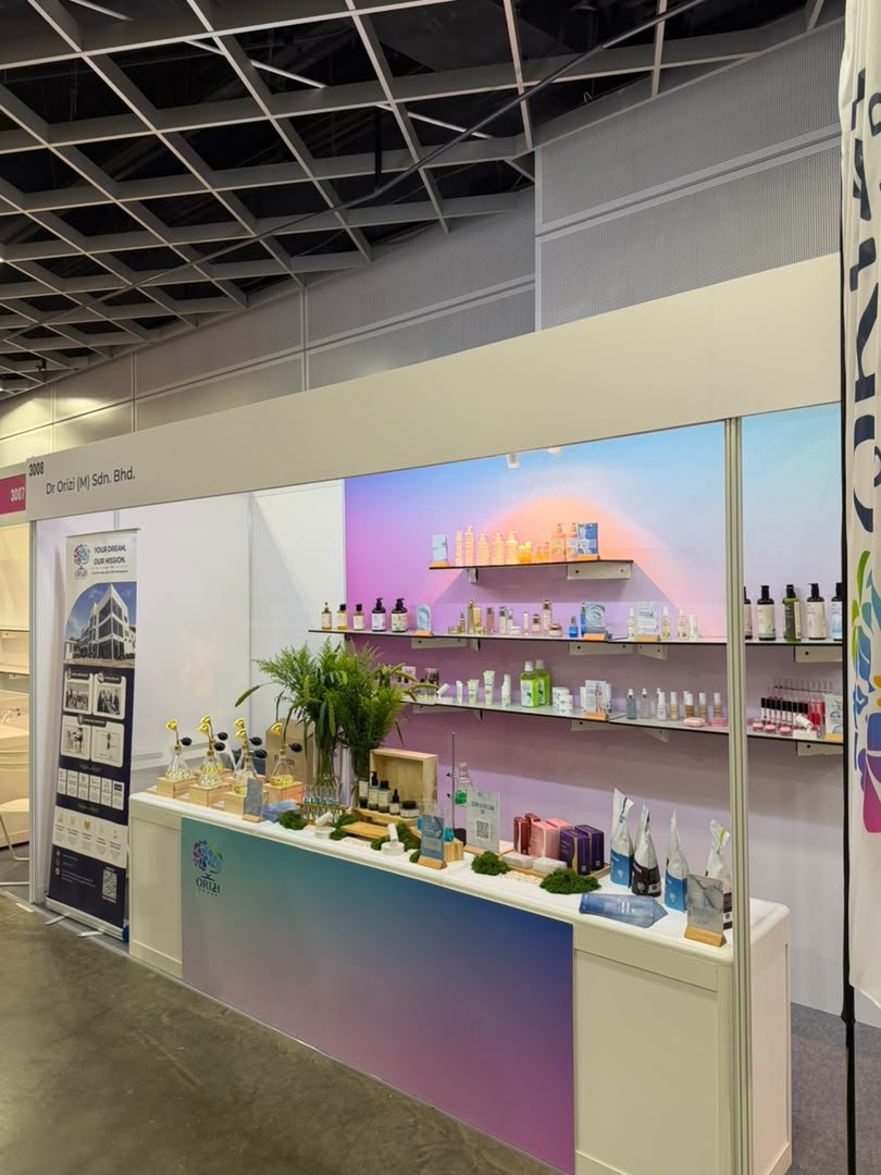 Skin care, body care and fragrance samples on display at ORIZI Group booth 3008, Cosmobeaute Malaysia 2026