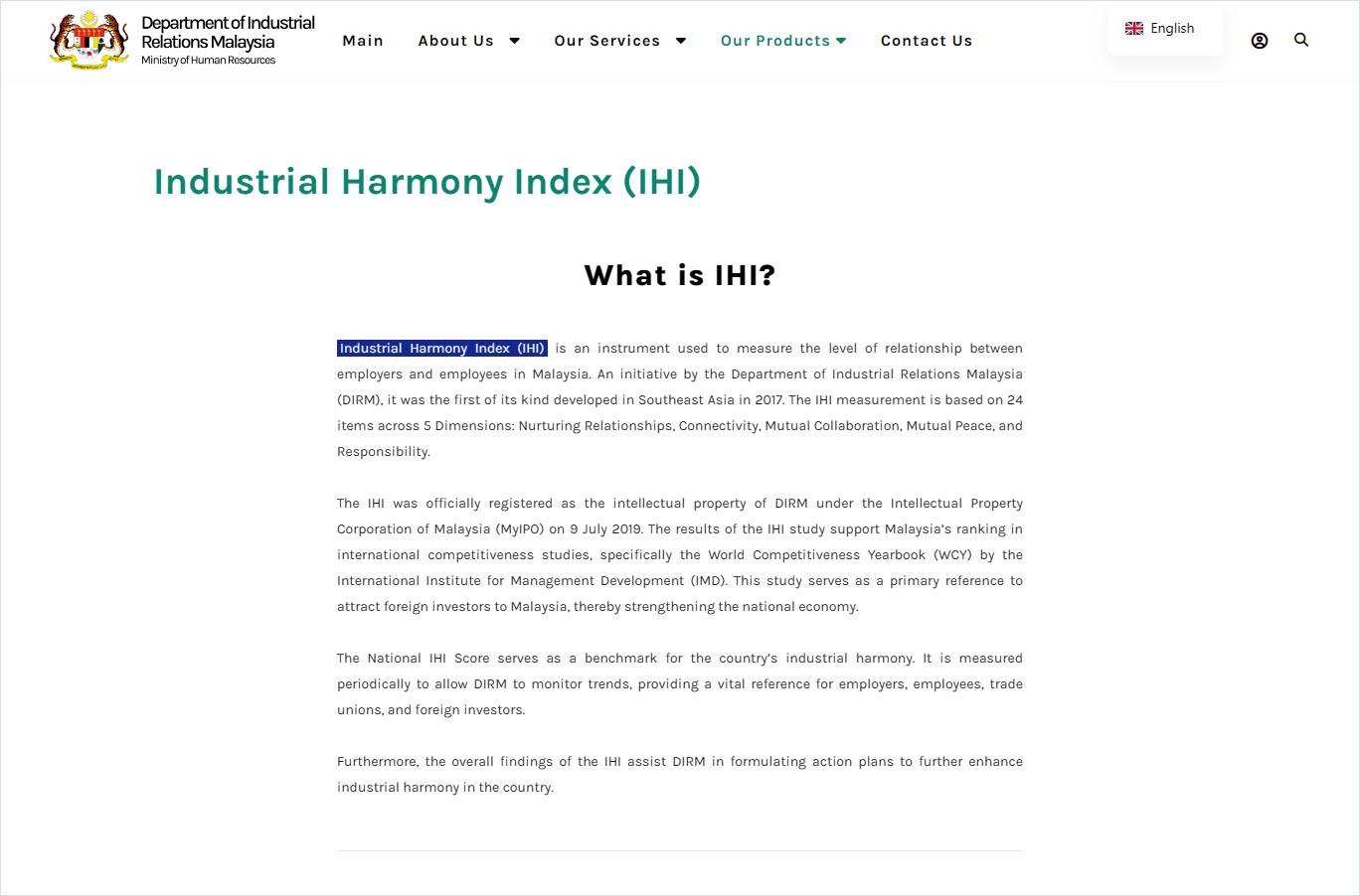 Screenshot of the official JPPM Industrial Harmony Index (IHI) programme page