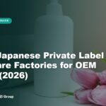 Cover image for 3 Best Japanese Private Label Body Care Factories for OEM Brands (2026), showing a white pump bottle, rolled towel and pink tulips representing Japanese body and personal care OEM manufacturing.