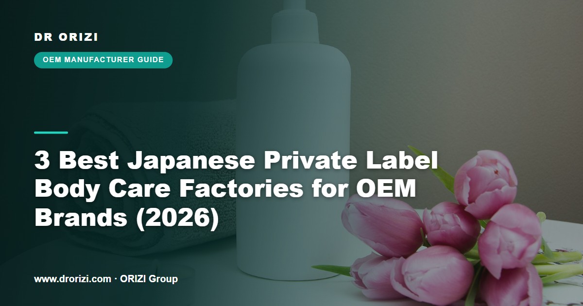 Cover image for 3 Best Japanese Private Label Body Care Factories for OEM Brands (2026), showing a white pump bottle, rolled towel and pink tulips representing Japanese body and personal care OEM manufacturing.